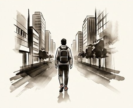 Ilustración en tinta china: una persona camina hacia una ciudad moderna